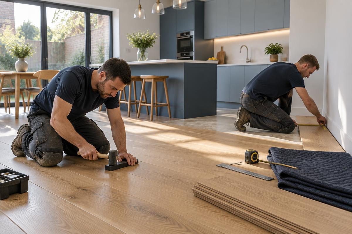 Two flooring fitters installing wide-plank oak flooring in a London kitchen dining room
