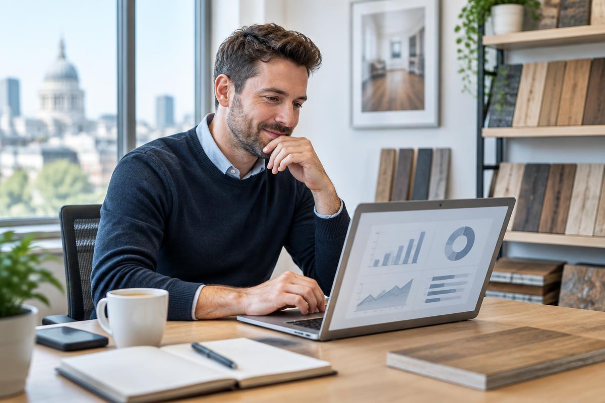 A flooring business owner reviewing a simple dashboard on a laptop in a bright London office