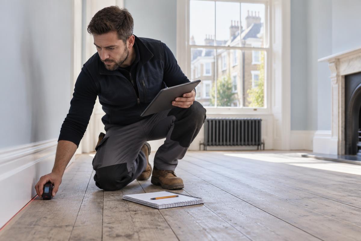 A flooring surveyor measuring an empty London room with a laser measure and a tablet