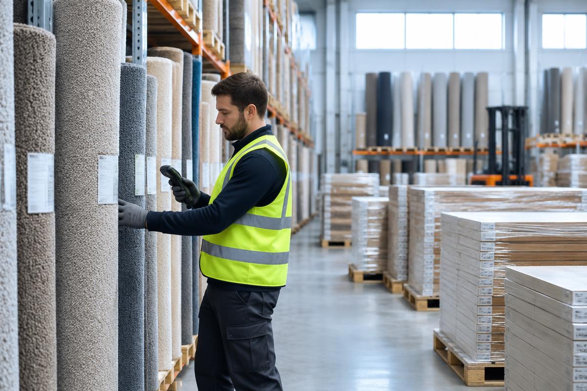 A warehouse operative checking carpet rolls on racking with a handheld scanner